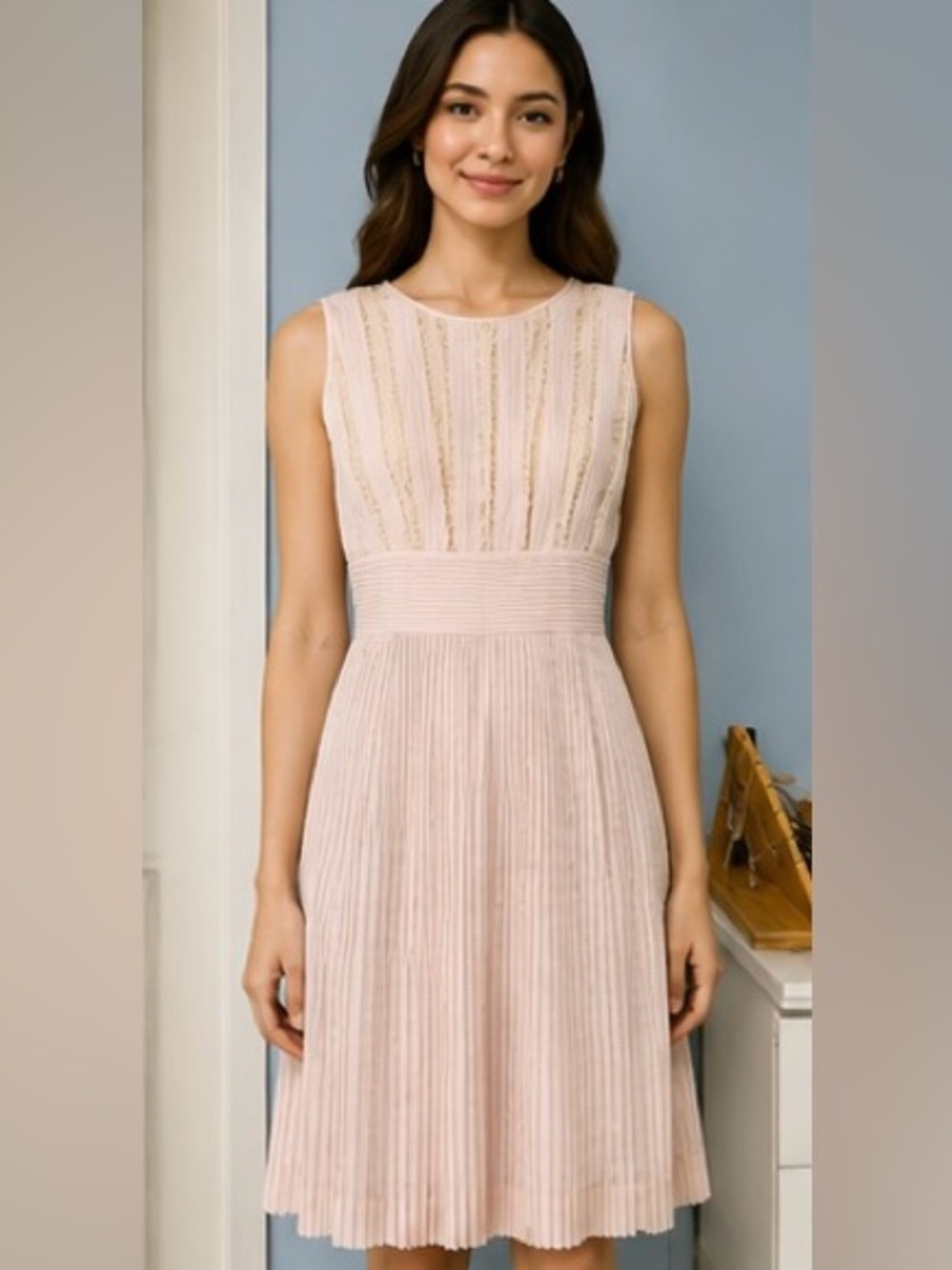 Vintage L’Aiglon Blush Pink Pleated Lace Midi Dress S/M